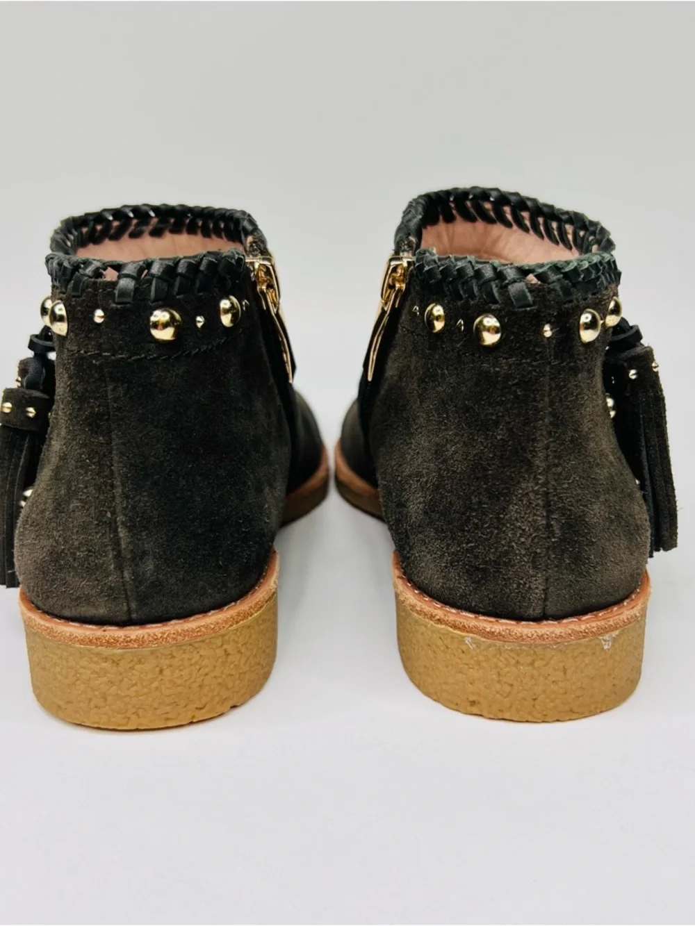 Kate Spade Bowie Tassel Olive Green Suede Side Zip Studded Ankle Booties Women 7